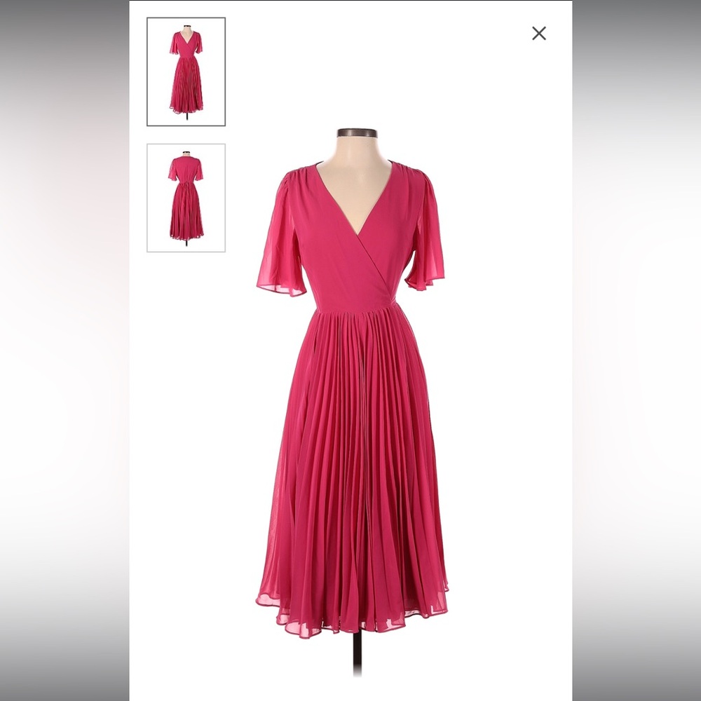 Lulus Hot Pink Pleated Midi Cocktail Wedding Guest Dress Size Small